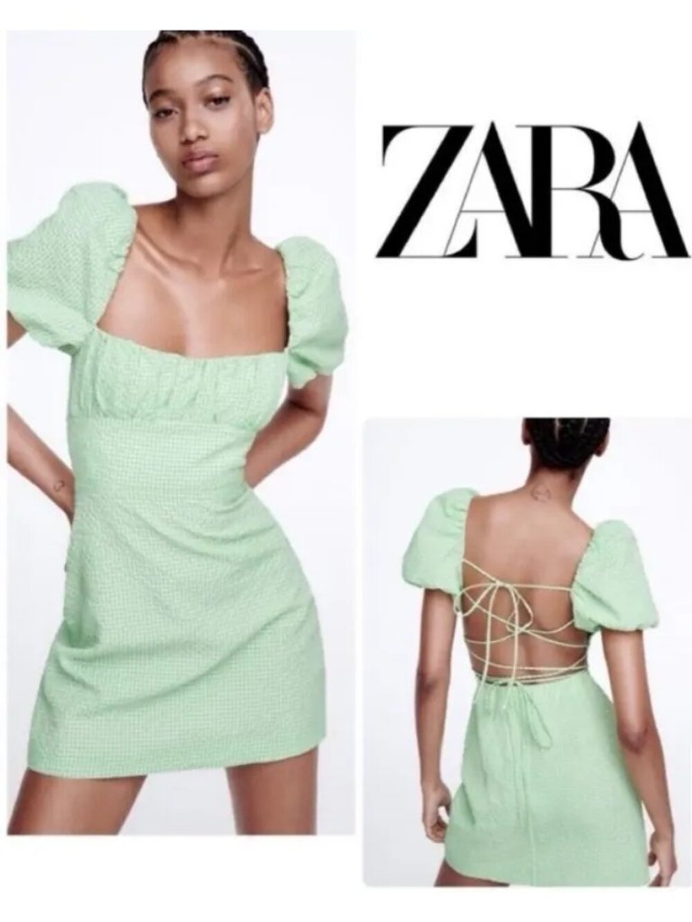 Zara Gingham Dress Size XS Mint Green Puff Sleeve Mini 100% Cotton Side Zipper